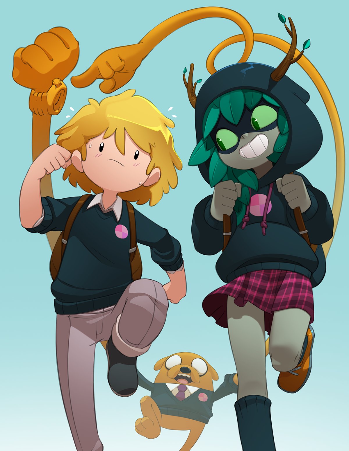 1boy, 1girl, adventure_time, alternate_universe, antlers, backpack, bag, black_hoodie