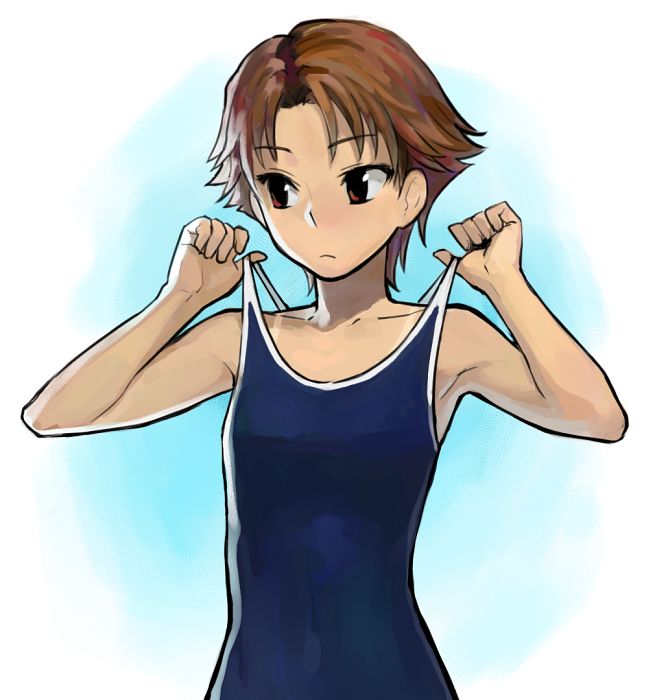 1girl, b_suke, blue_one-piece_swimsuit, breasts, brown_eyes, brown_hair, clothes_pull, commentary_request, frown, natsuki_rin, one-piece_swimsuit, one-piece_swimsuit_pull, precure, short_hair, small_breasts, solo, swimsuit, tan, tanlines, upper_body, yes!_precure_5