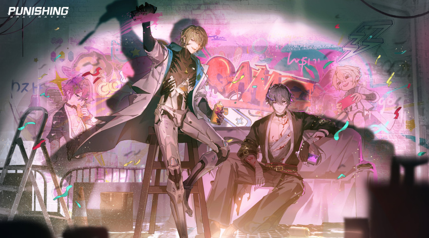 2boys, absurdres, arm_up, bandaged_arm, bandages, belt, black_belt, black_choker, black_gloves, black_kimono, black_sclera, blonde_hair, body_markings, camu:_crocotta_(yaksha_undertow)_(pgr), camu_(pgr), choker, closed_mouth, coat, colored_sclera, confetti, copyright_name, couch, english_commentary, fingerless_gloves, gloves, graffiti, grey_hair, hair_between_eyes, highres, holding, holding_spray_can, horns, japanese_clothes, kamui:_tenebrion_(spectral_parade)_(pgr), kamui_(pgr), kimono, leaning_on_object, long_sleeves, loose_bandages, mechanical_legs, mismatched_sclera, multiple_boys, neck_tassel, official_art, open_mouth, punishing:_gray_raven, short_hair, single_glove, single_horn, sitting, sleeves_pushed_up, smile, spray_can, standing, standing_on_one_leg, tassel, teeth, turtleneck, upper_teeth_only, violet_eyes, white_coat, wide_shot
