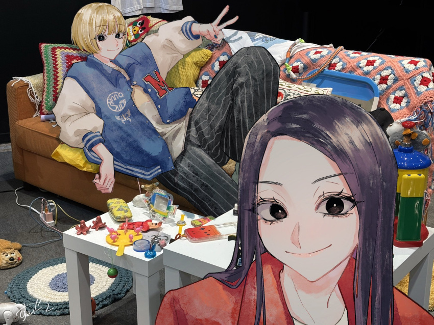 2girls, baby_walkure, bar_phone, black_eyes, black_hair, black_pants, blonde_hair, blue_jacket