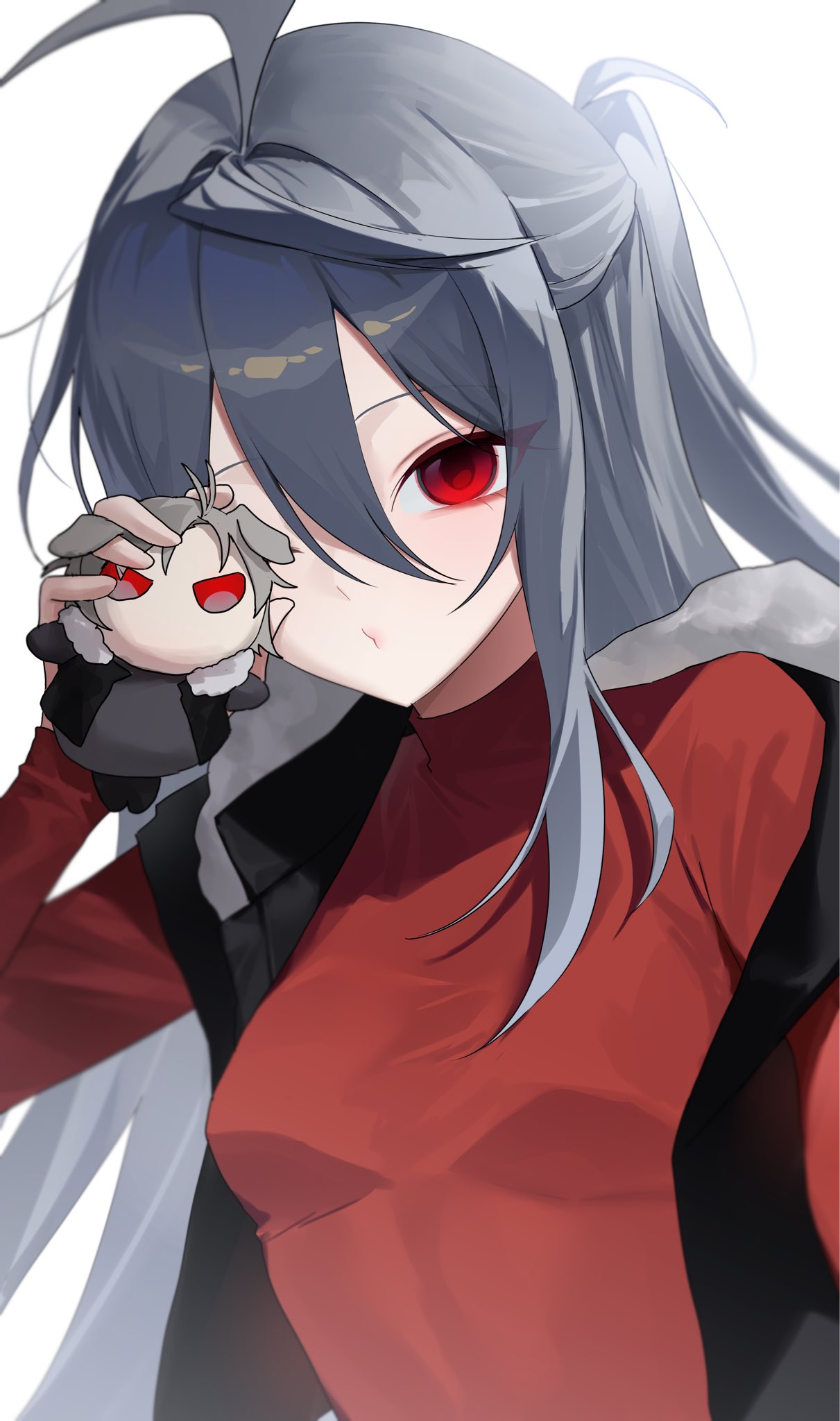 1girl, aco_(aco_7313), ahoge, black_jacket, black_survival, bloom, breasts, character_doll, closed_mouth, commentary_request, doll, double-parted_bangs, eternal_return:_black_survival, fur-trimmed_jacket, fur_trim, garnet_(black_survival), grey_hair, hair_between_eyes, half_updo, hand_up, highres, holding, holding_doll, jacket, korean_commentary, long_bangs, long_hair, long_sleeves, looking_at_viewer, red_eyes, red_sweater, simple_background, sleeveless, sleeveless_jacket, small_breasts, solo, sweater, turtleneck, turtleneck_sweater, upper_body, white_background