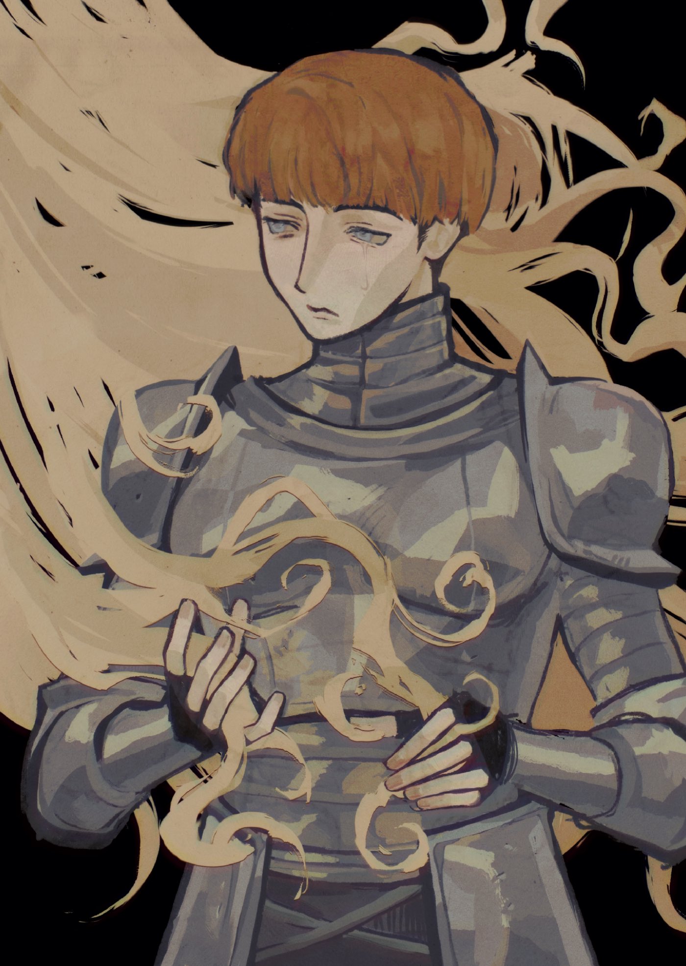 1girl, armor, black_background, black_gloves, boobplate, closed_mouth, d'arce_(fear_&amp;_hunger), fear_&amp;_hunger_(series)