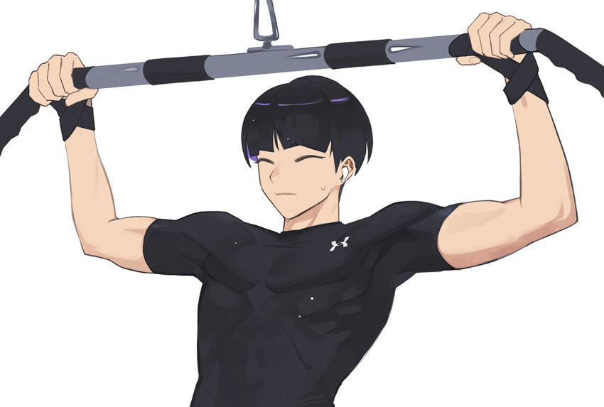 1boy, 8083_blue, black_hair, black_shirt, closed_eyes, closed_mouth, commentary_request, covered_pectorals