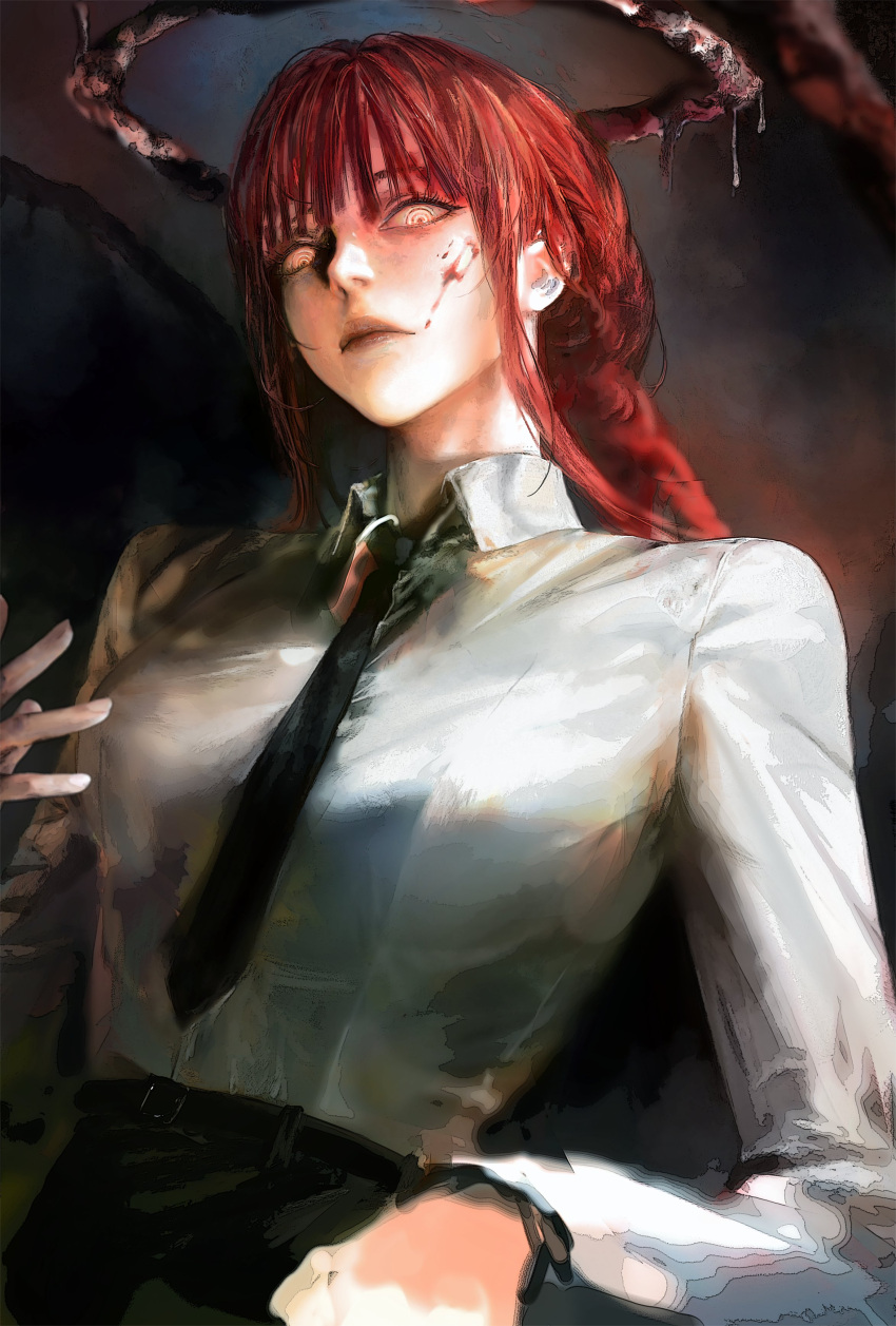 1girl, absurdres, black_necktie, blood, blood_halo, blood_on_face, chainsaw_man, closed_mouth
