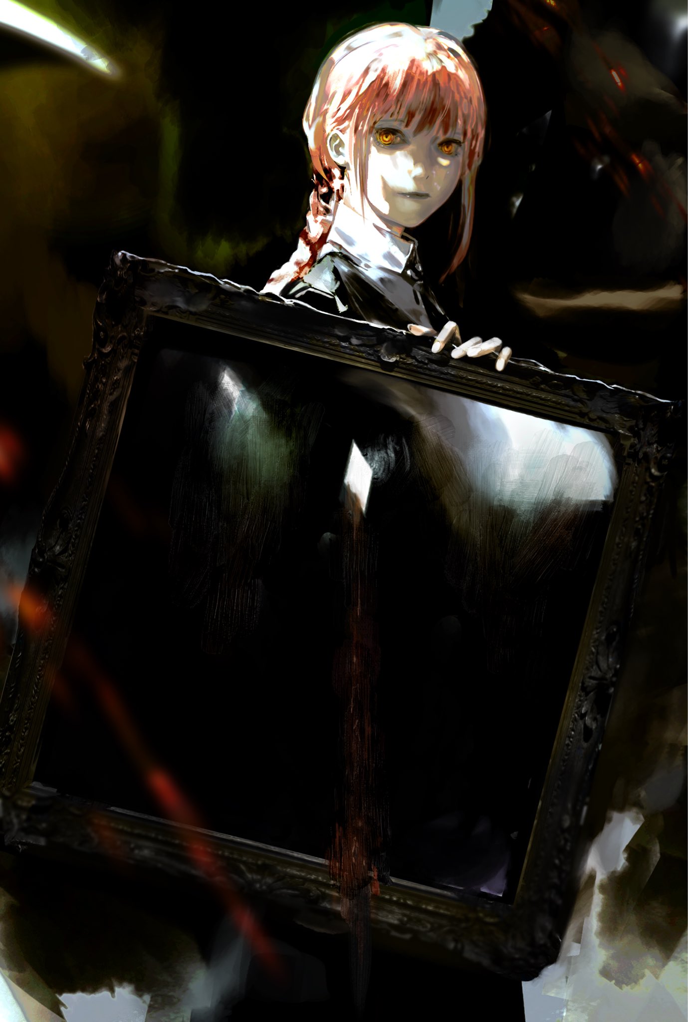 1girl, black_necktie, braid, braided_ponytail, chainsaw_man, collared_shirt, commentary, empty_picture_frame