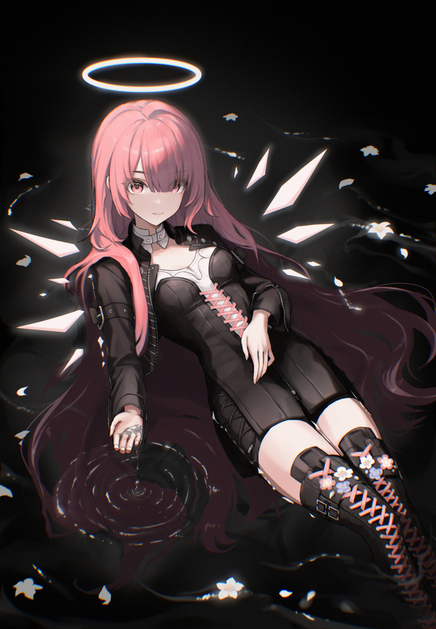 1girl, absurdres, arknights, black_background, breasts, flower, halo, highres, ieasty11, lemuen_(arknights), long_hair, looking_at_viewer, lying, on_back, pink_eyes, pink_hair, small_breasts, smile, solo, traditional_halo, water