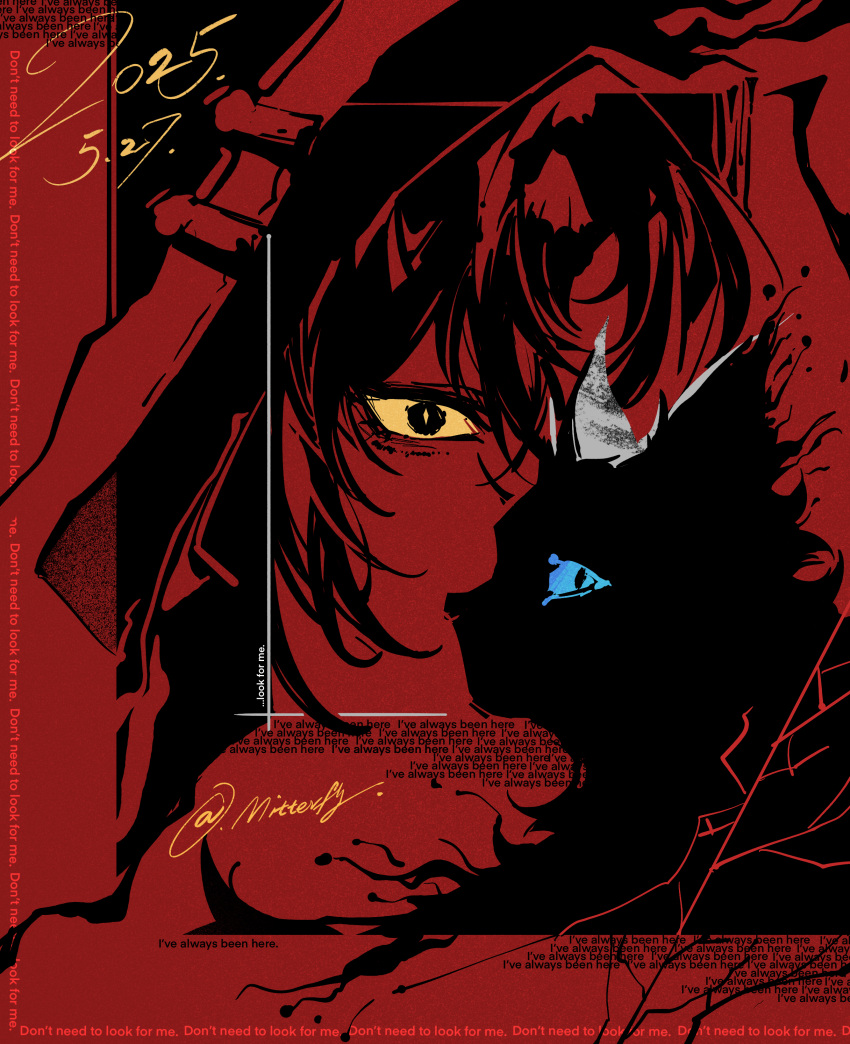 1boy, absurdres, arknights, black_eyes, blending, blue_eyes, cat, chinese_commentary