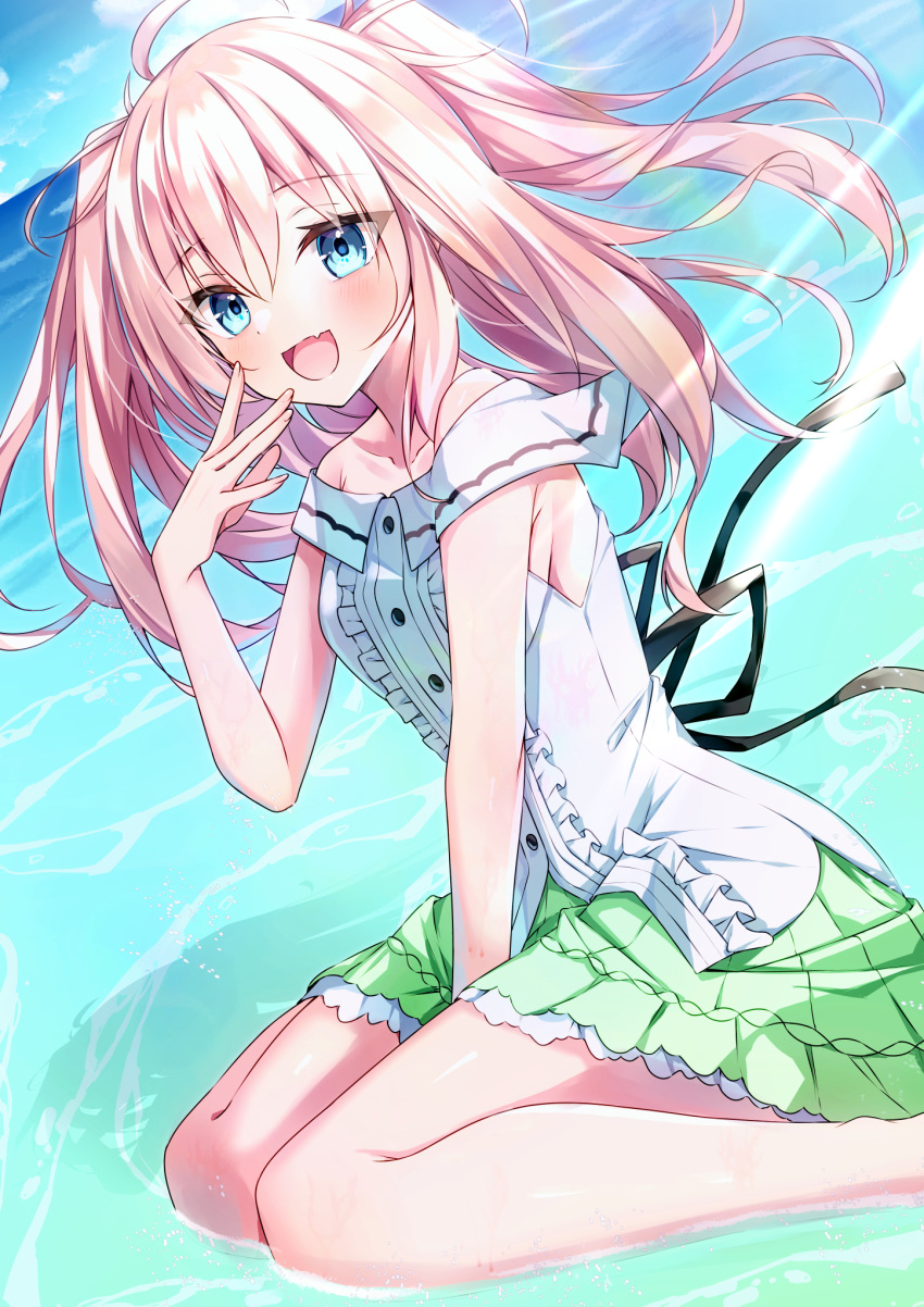 1girl, :d, \||/, ahoge, aonu_koru, bare_shoulders, between_legs, blue_eyes