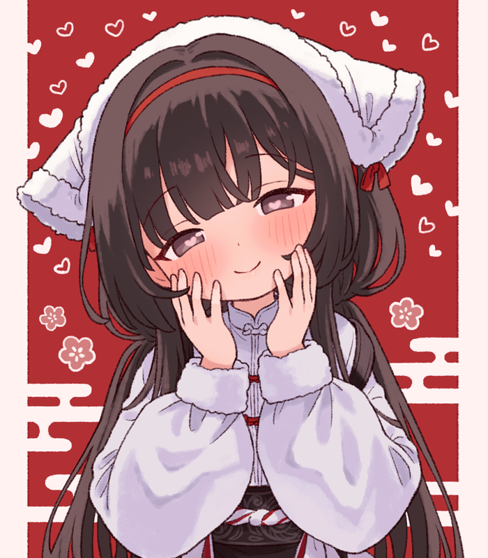 1girl, azur_lane, blush, brown_eyes, brown_hair, chang_feng_(azur_lane), chang_feng_(cozy_spring_cleaning)_(azur_lane), child, closed_mouth, commentary, heart, heart-shaped_pupils, long_hair, long_sleeves, low_twintails, official_alternate_costume, onyhakase, puffy_long_sleeves, puffy_sleeves, smile, solo, symbol-shaped_pupils, twintails