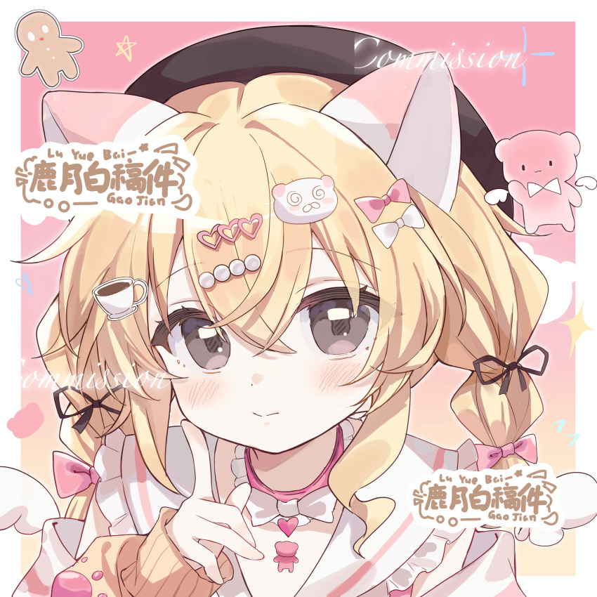 1girl, absurdres, animal_ears, artist_name, black_hat, black_ribbon, blonde_hair, blush