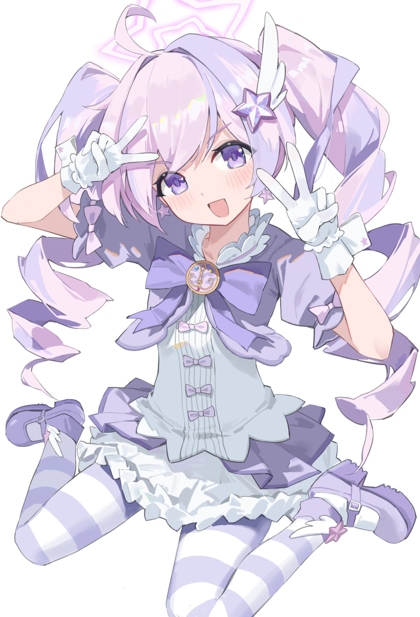 1girl, absurdres, blue_archive, blush, bow, double_v, drill_hair, fang5hine
