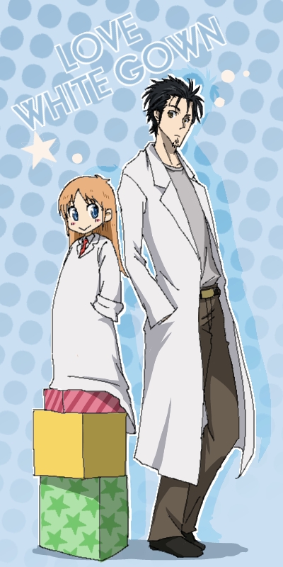 black_hair, blue_eyes, blush, box, child, crossover, hakase_(nichijou), labcoat, long_hair, necktie, nichijou, okabe_rintarou, orange_hair, pants, professor_shinonome, season_crossover, shinako_(laesperanza), short_hair, star, steins;gate
