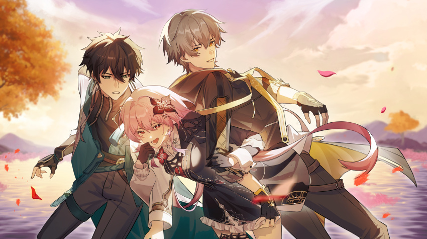 1girl, 2boys, bingsa_(707), black_hair, caelus_(honkai:_star_rail), clouds, cloudy_sky, coattails