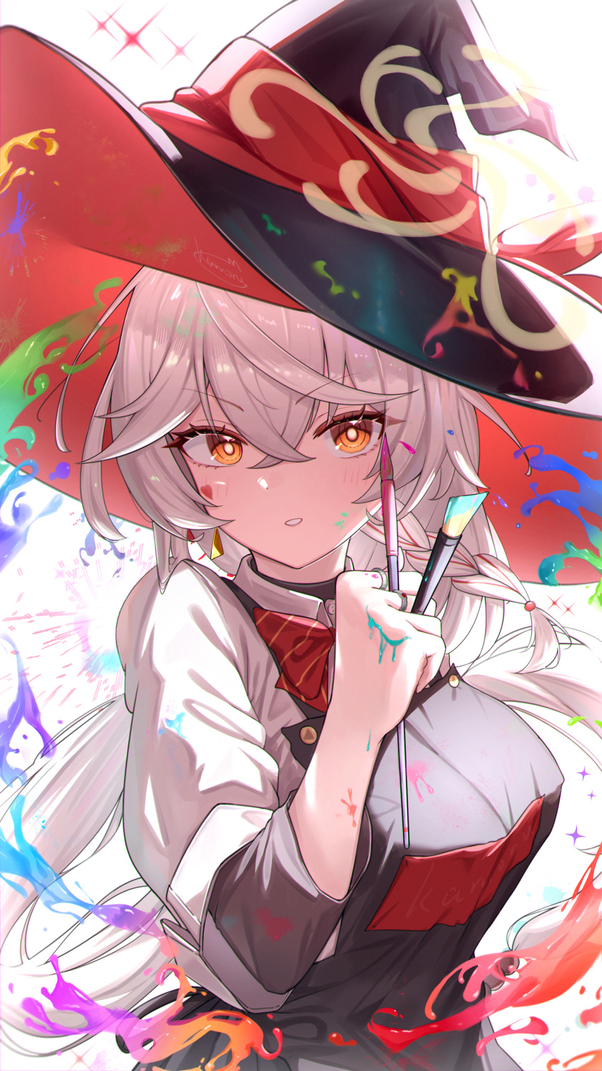 1girl, absurdres, apron, black_apron, black_hat, blue_archive, bow, bowtie, braid, collared_shirt, commentary, eri_(blue_archive), halo, hat, highres, holding, holding_paintbrush, kamory, light_blush, orange_eyes, paint, paintbrush, parted_lips, ponytail, red_bow, red_bowtie, shirt, side_braid, simple_background, single_braid, solo, white_background, white_hair, white_shirt, wizard_hat, yellow_halo
