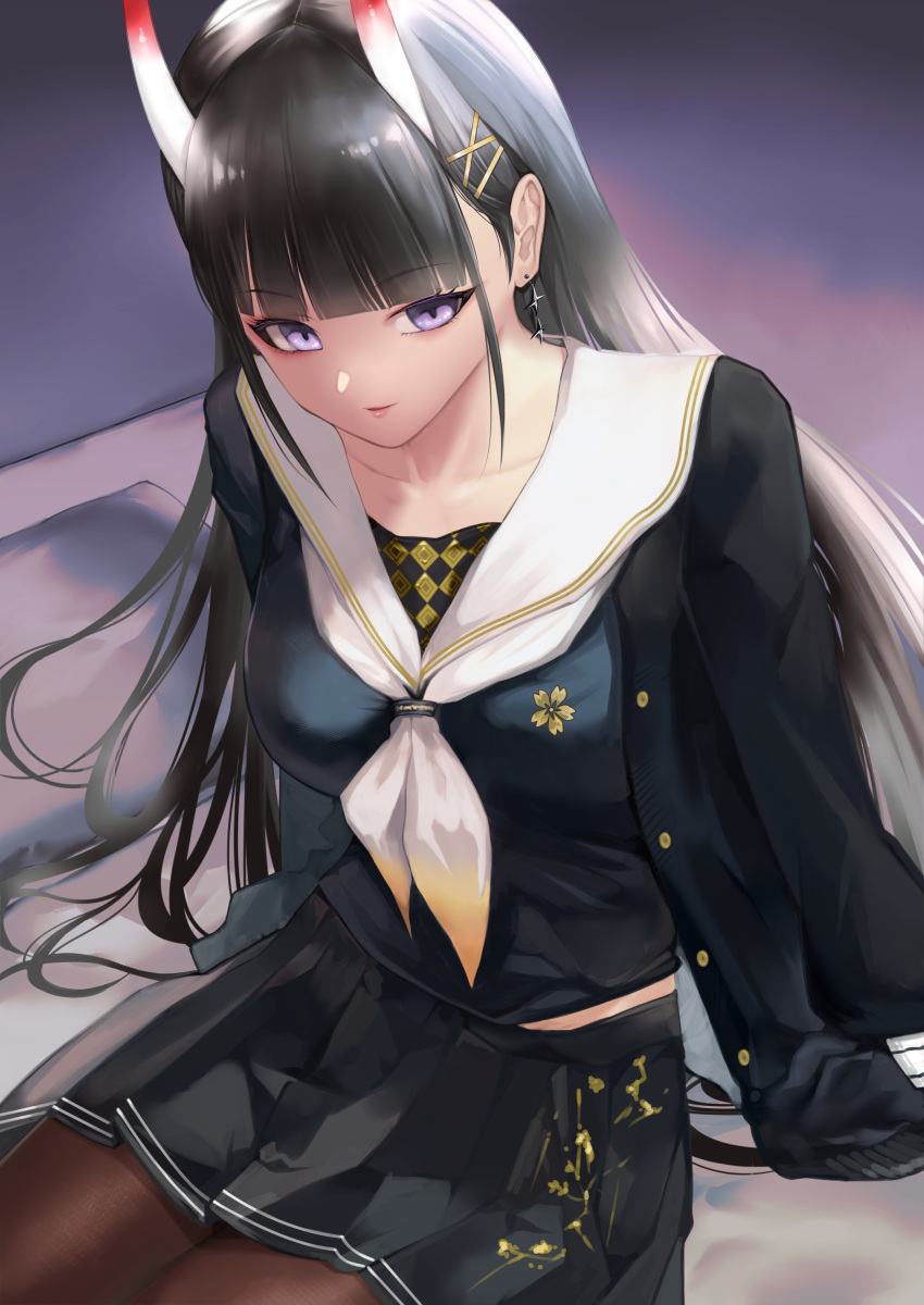 1girl, 27-nichi, absurdres, arms_behind_back, azur_lane, black_hair, black_jacket, black_serafuku, black_shirt, black_skirt, blush, breasts, demon_girl, demon_horns, earrings, eyeshadow, from_above, hair_ornament, hairclip, highres, horns, indoors, jacket, jewelry, long_hair, looking_at_viewer, looking_up, makeup, medium_breasts, miniskirt, neckerchief, noshiro_(azur_lane), on_bed, oni, open_clothes, open_jacket, pantyhose, pleated_skirt, red_eyeshadow, sailor_collar, sakura_empire_(emblem), school_uniform, serafuku, shirt, sitting, skirt, smile, solo, very_long_hair, violet_eyes, white_neckerchief, white_sailor_collar, x_hair_ornament