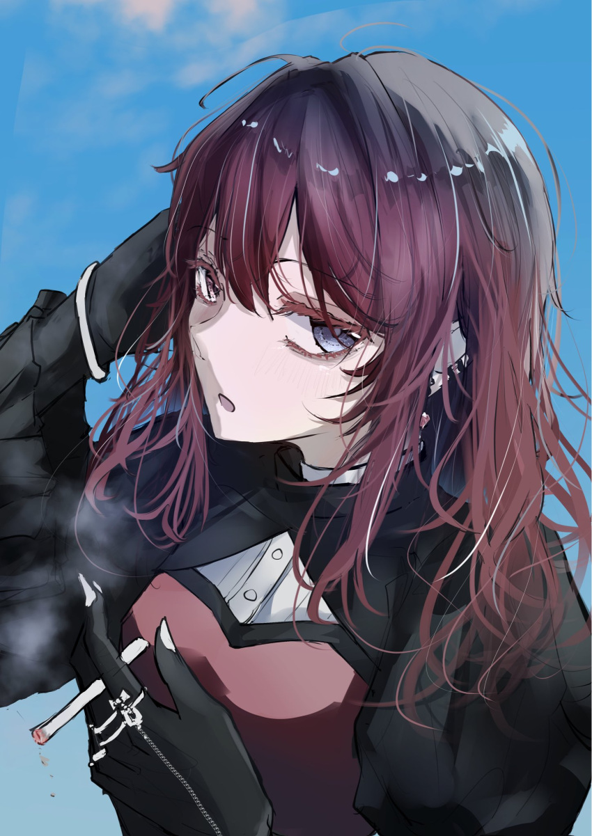 1girl, ado_(utaite), arm_up, black_skin, blue_background, blue_eyes, cigarette, colored_skin