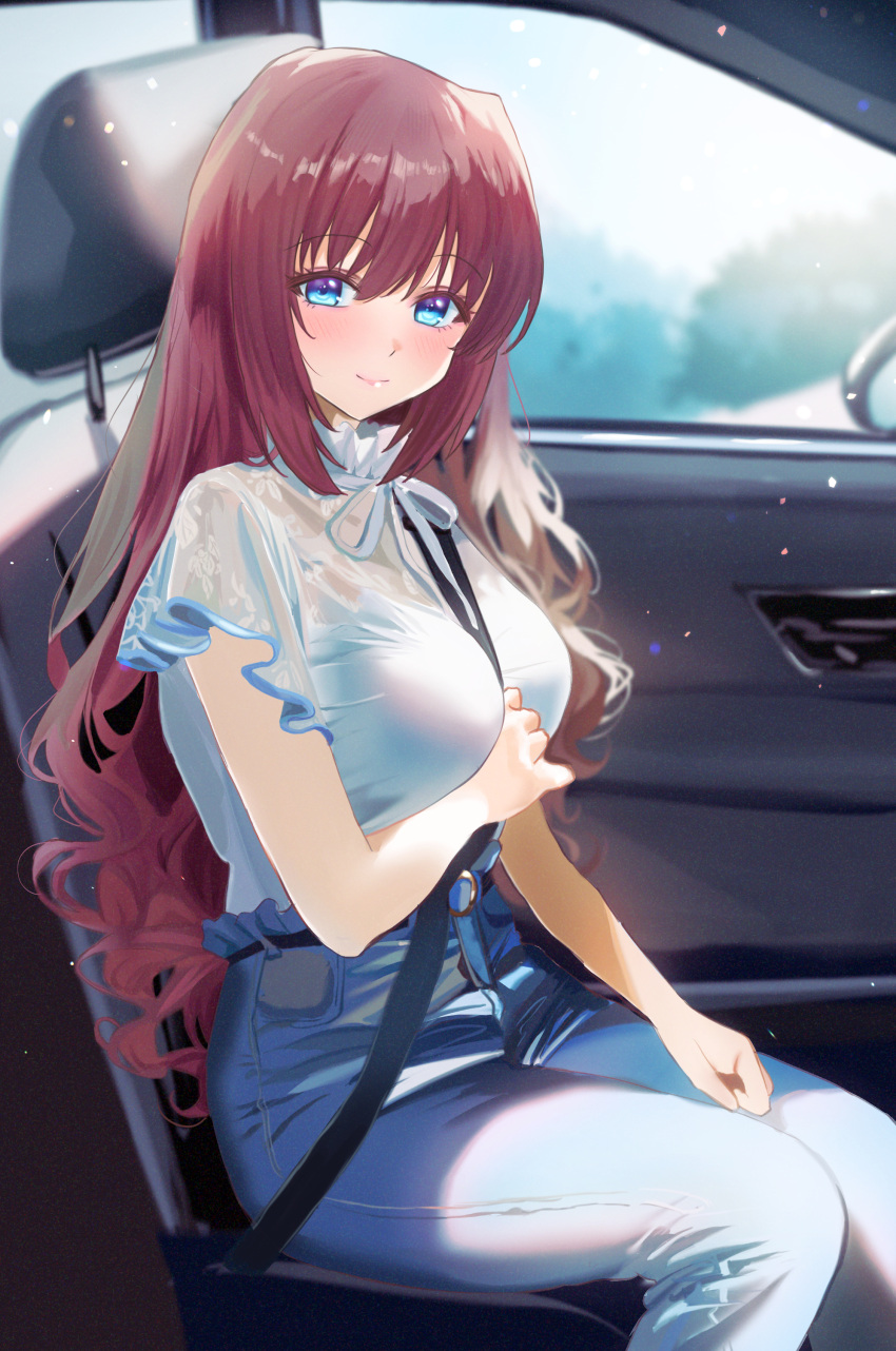 1girl, a-chan_(little_busters!), absurdres, alternate_costume, arm_under_breasts, between_breasts, blue_eyes, blurry, blush, breasts, brown_hair, car_interior, casual, closed_mouth, commentary_request, day, denim, depth_of_field, eyelashes, eyes_visible_through_hair, feet_out_of_frame, floral_print, floral_print_shirt, hair_between_eyes, happy, highres, jeans, large_breasts, lips, little_busters!, long_hair, looking_at_viewer, miiizuno_lbs, neck_ribbon, pants, print_shirt, ribbon, seatbelt, seatbelt_between_breasts, shirt, short_sleeves, sidelocks, sitting, smile, solo, split_mouth, strap_between_breasts, very_long_hair, wavy_hair, white_ribbon, white_shirt