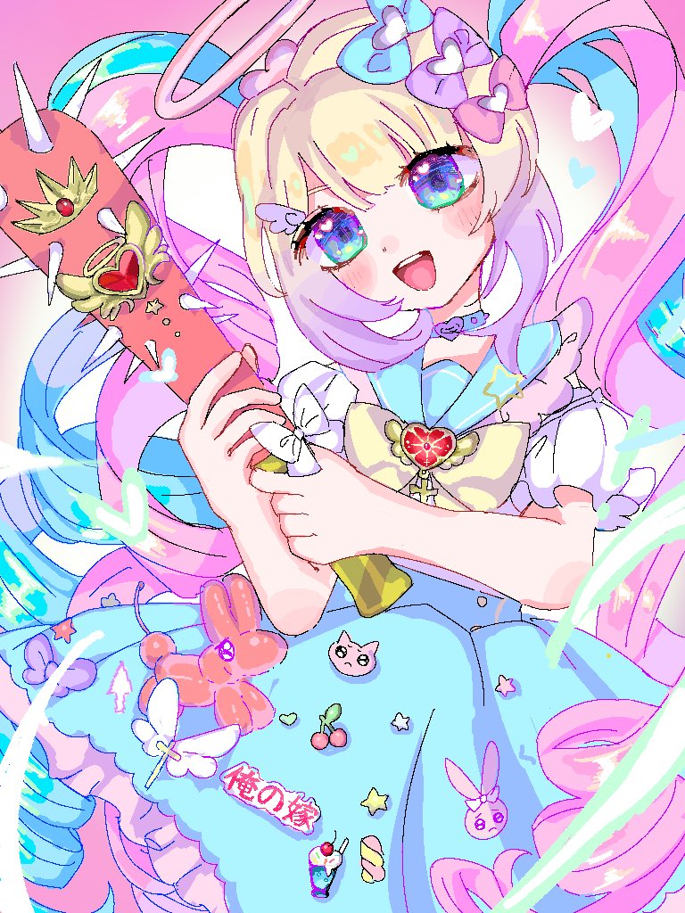 1girl, :d, alternate_costume, bad_anatomy, bad_hands, balloon_animal, baseball_bat, blonde_hair