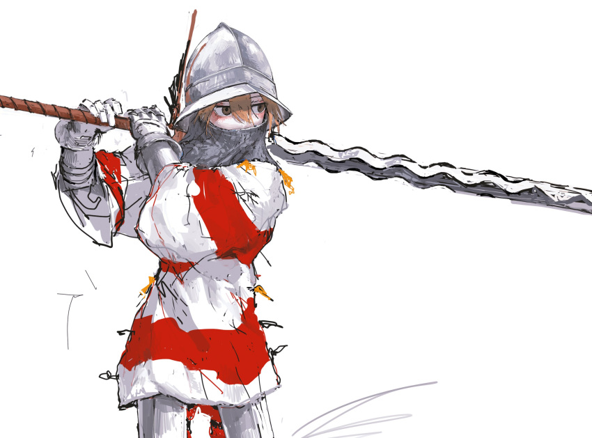 1girl, armor, brown_eyes, brown_hair, chainmail, cowboy_shot, flamberge, gauntlets
