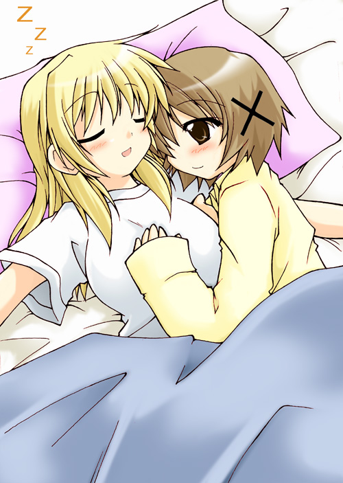 bed, blanket, blonde_hair, blush, breast_grab, brown_eyes, brown_hair, closed_eyes