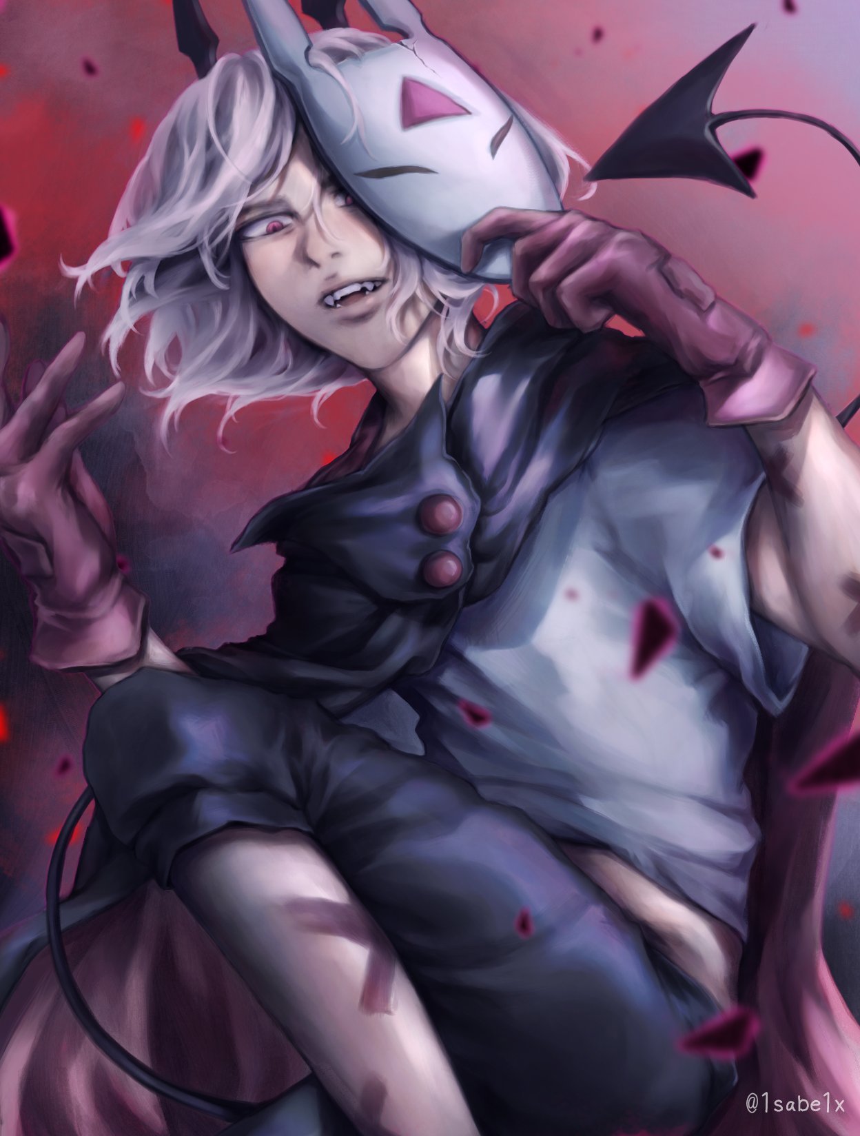 1girl, 1sabe1x, bad_anatomy, bad_leg, black_shirt, brook_(i'm_the_grim_reaper), commentary, demon_tail