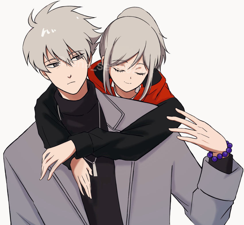 1boy, 1girl, arm_around_neck, black_shirt, closed_eyes, expressionless, father_and_daughter, ghostblade_(to_be_hero_x)