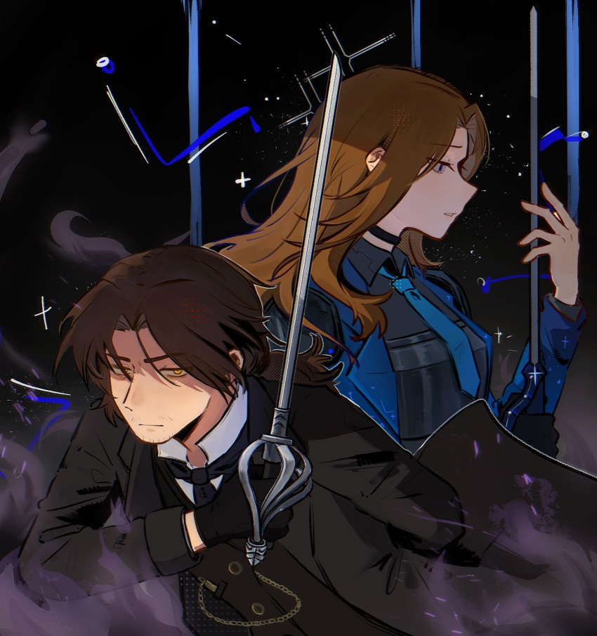 1boy, 1girl, aaaduorenzu, armor, black_gloves, black_jacket, black_shirt, blue_coat, blue_eyes, blue_necktie, brown_eyes, brown_hair, coat, collared_shirt, colored_smoke, constellation_print, cowboy_shot, curtained_hair, e.g.o_(project_moon), gloves, gregor_(project_moon), hair_over_shoulder, hand_up, highres, holding, holding_sword, holding_weapon, jacket, limbus_company, long_hair, long_sleeves, looking_at_hand, necktie, official_alternate_costume, pocket_watch, power_connection, project_moon, rapier, rodion_(project_moon), serious, shirt, short_hair, shoulder_armor, sidelocks, single_glove, sky, smoke, star_(sky), starry_sky, sword, the_sword_sharpened_with_tears_(e.g.o), trait_connection, watch, weapon, weapon_connection, white_shirt, wuthering_heights_(identity)_(project_moon), yellow_eyes