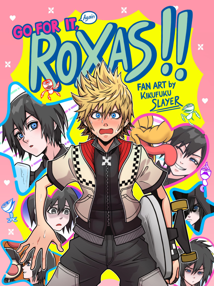 1boy, 1girl, animal, artist_name, bags_under_eyes, black_coat_(kingdom_hearts), black_hair, blonde_hair