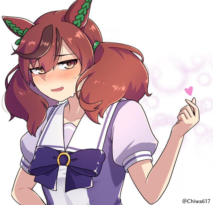 1girl, animal_ears, blush, bow, brown_eyes, brown_hair, chiwa_(chiwa0617), commentary_request, ear_bow, finger_heart, green_bow, hair_between_eyes, hand_up, horse_ears, looking_at_viewer, multicolored_hair, nervous_smile, nice_nature_(umamusume), nose_blush, puffy_short_sleeves, puffy_sleeves, purple_bow, purple_shirt, school_uniform, shirt, short_sleeves, smile, solo, streaked_hair, sweat, tracen_school_uniform, twintails, umamusume, upper_body, white_background