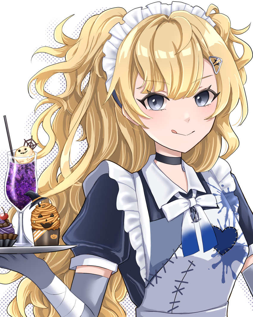 1girl, absurdres, apron, black_choker, blonde_hair, blue_dress, blue_eyes, choker