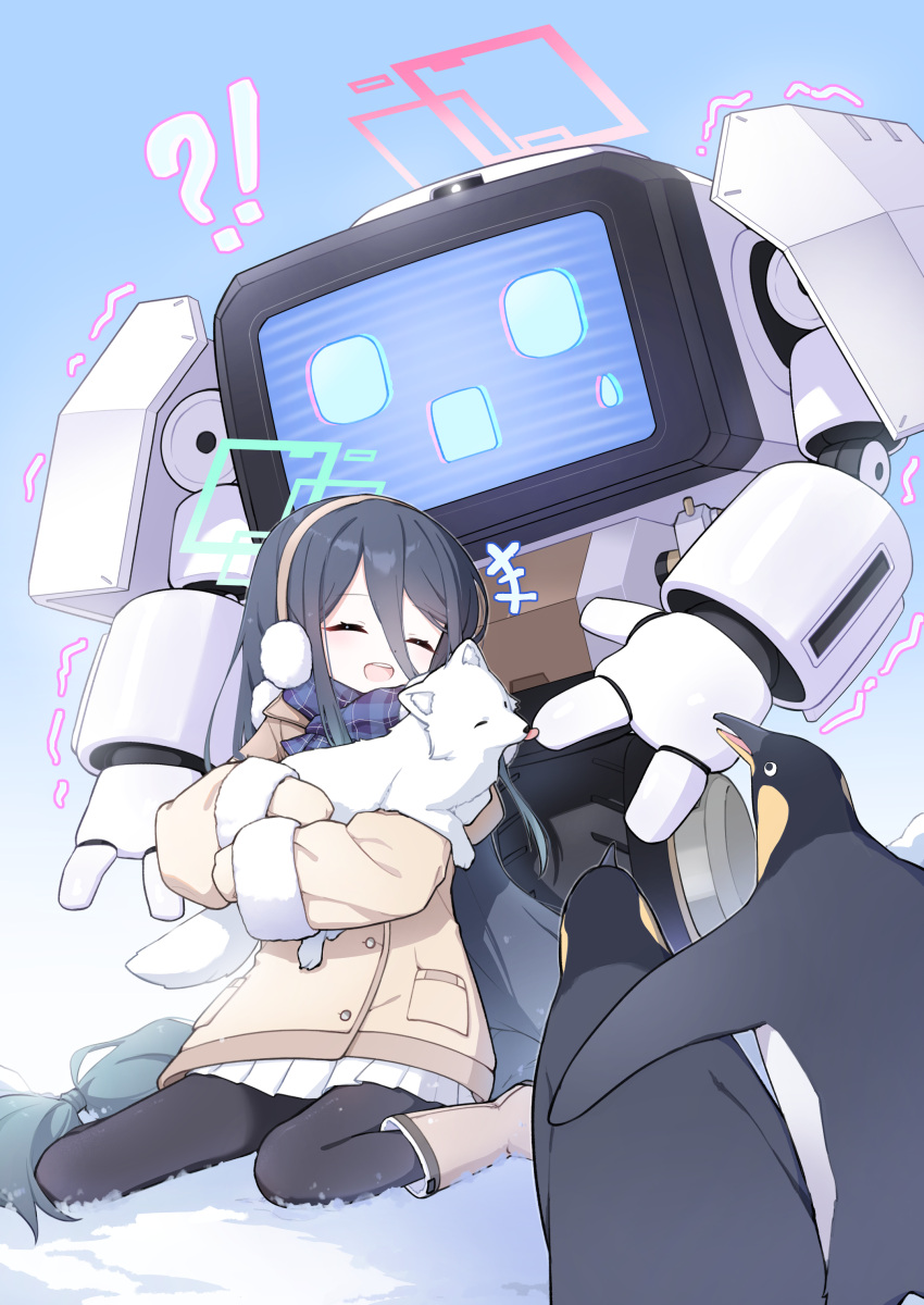!?, +++, 1girl, absurdres, animal, aris_(blue_archive), aris_(winter)_(blue_archive), black_hair