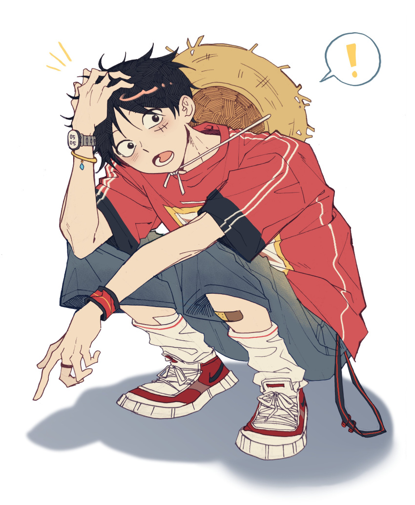 !, 1boy, absurdres, alternate_costume, arm_on_knee, bandaid, bandaid_on_leg, black_eyes, black_hair, blue_pants, blush, bracelet, commentary_request, crew_neck, elbow_on_knee, full_body, hand_in_own_hair, hat, highres, jewelry, kkong_giii1, korean_commentary, looking_to_the_side, lower_teeth_only, male_focus, monkey_d._luffy, one_piece, open_mouth, pants, print_shirt, red_shirt, ring, scar, scar_on_cheek, scar_on_face, shirt, shoelaces, shoes, short_hair, short_sleeves, sideways_glance, simple_background, sneakers, socks, solo, speech_bubble, squatting, straw_hat, striped_clothes, striped_shirt, teeth, unworn_hat, unworn_headwear, vertical-striped_clothes, vertical-striped_shirt, watch, watch, white_background, white_socks, wristband
