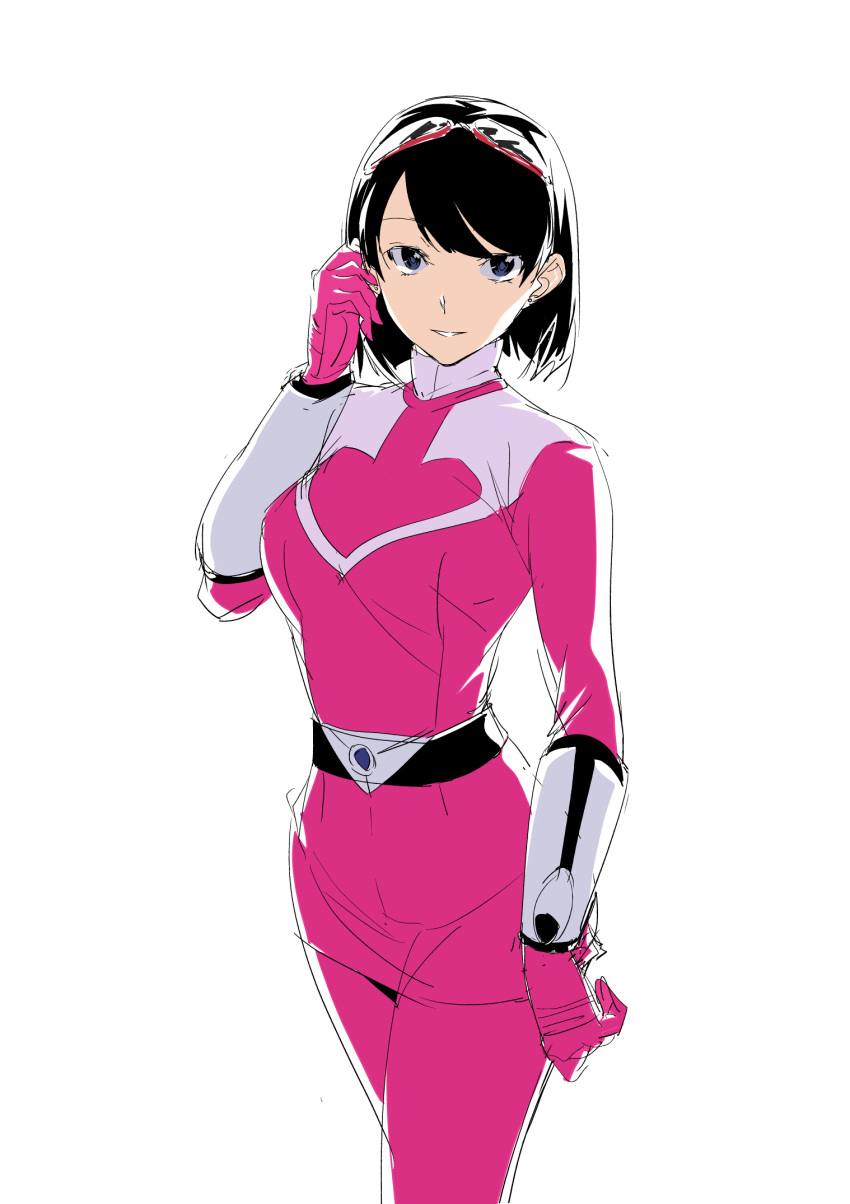 1girl, angrynerd_c, black_eyes, black_hair, bodysuit, breasts, cowboy_shot, digimon
