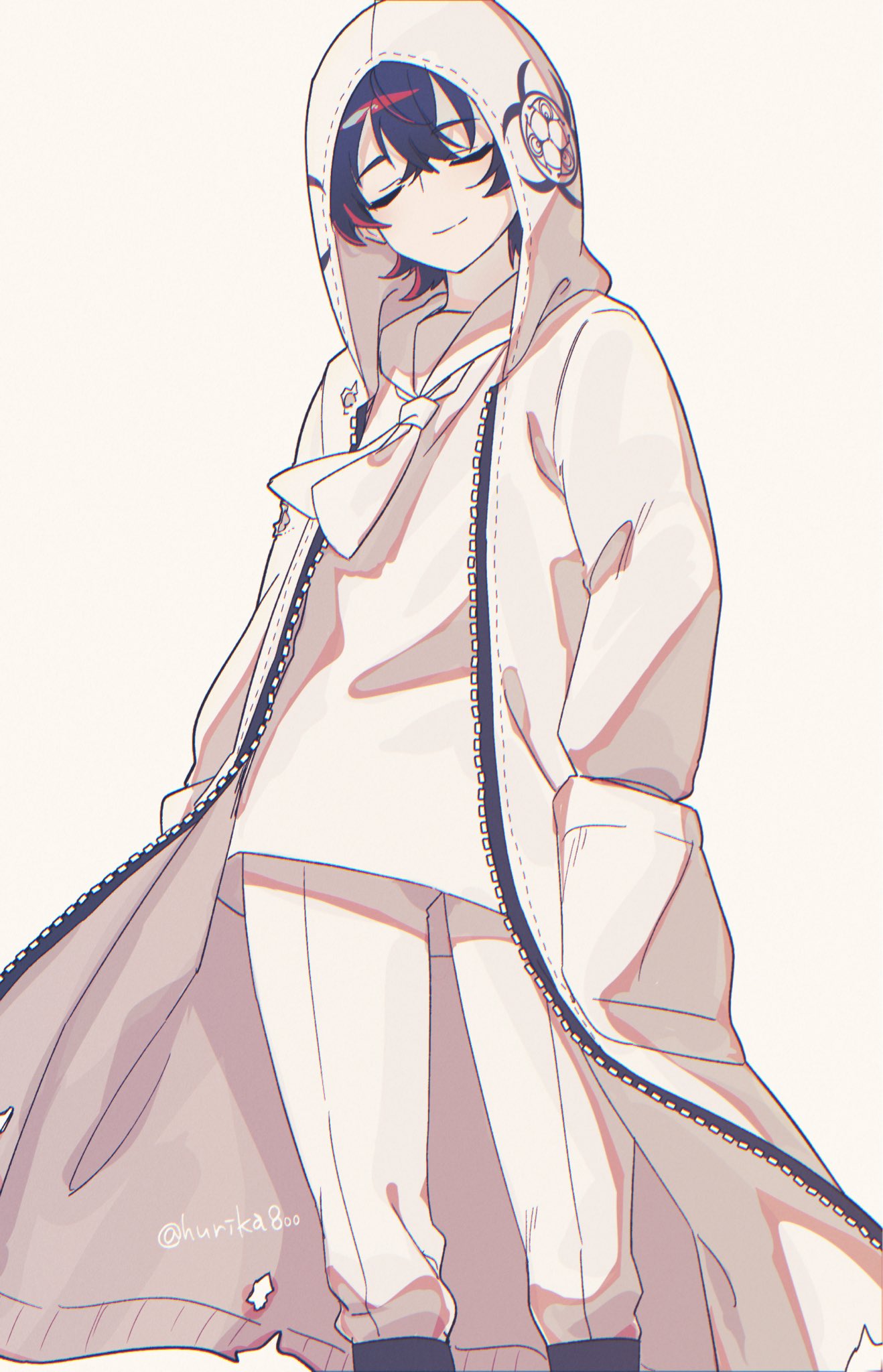 1girl, biohazard_symbol, black_hair, closed_eyes, coat, feet_out_of_frame, hair_between_eyes, hands_in_pockets, highres, hood, hood_up, hooded_coat, hurika800, neckerchief, open_clothes, open_coat, pants, rei_shimobe, reverse_trap, shirt, short_hair, shuten_order, simple_background, smile, twitter_username, white_background, white_coat, white_neckerchief, white_pants, white_shirt