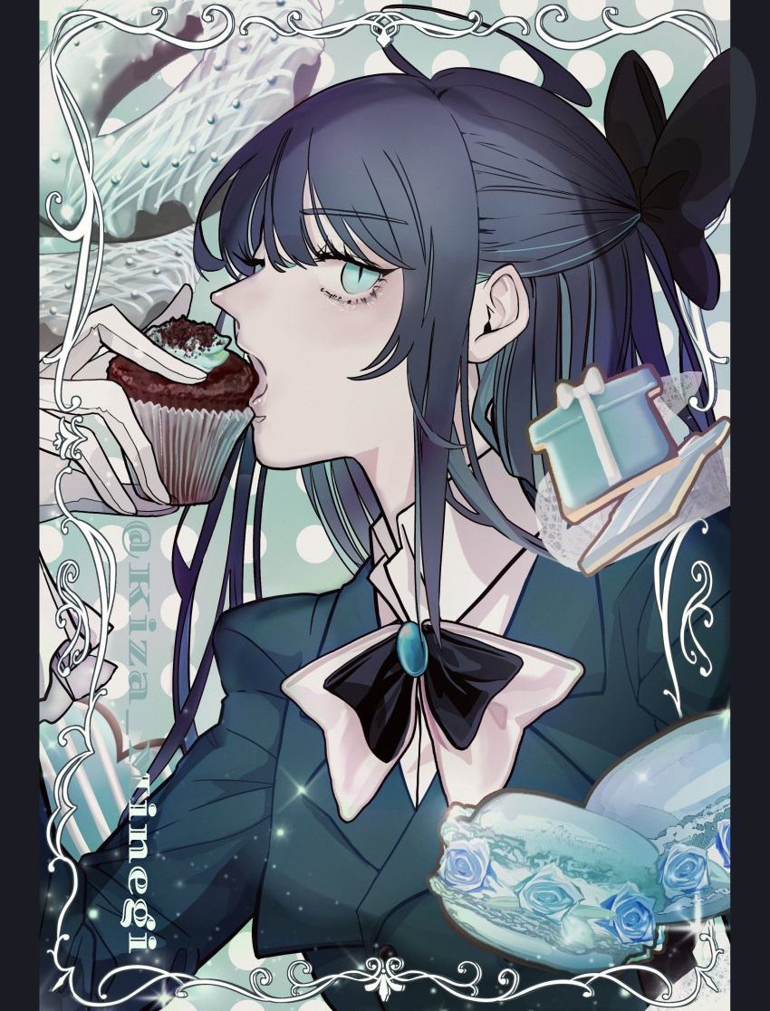 1girl, absurdres, ado_(utaite), black_bow, black_bowtie, black_hair, blue_eyes, blue_hair