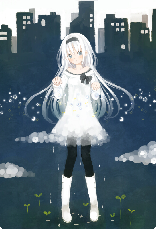 boots, bow, city, cloud, clouds, dress, hairband, long_hair