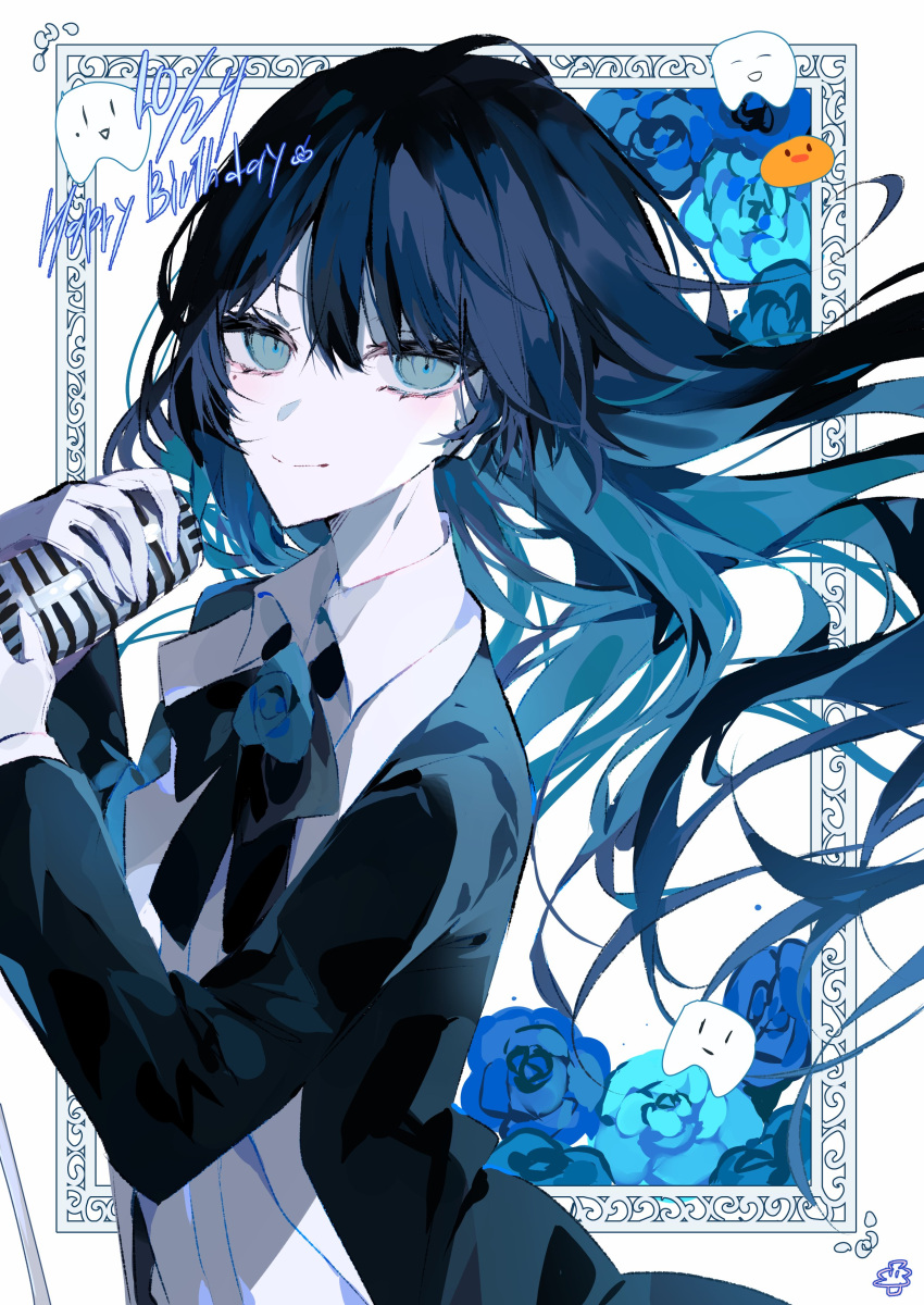 1girl, absurdres, ado_(utaite), black_bow, black_bowtie, black_coat, blue_eyes, blue_flower