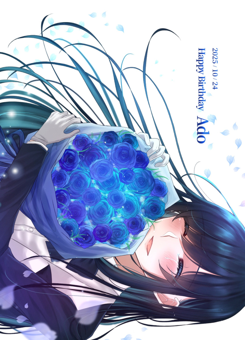 1girl, ado_(utaite), black_hair, blue_flower, blue_hair, blue_rose, blush, bouquet