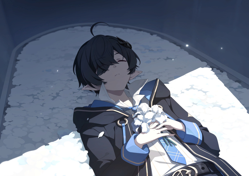 1boy, ahoge, black_hair, black_jacket, blue_necktie, closed_mouth, collared_shirt, cowboy_shot
