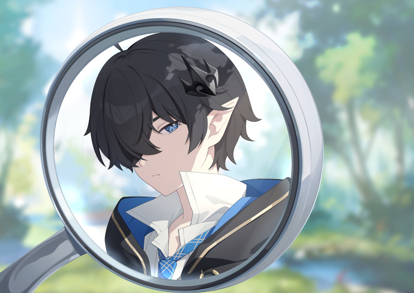 1boy, ahoge, black_jacket, blue_eyes, blue_necktie, blurry, blurry_background, closed_mouth