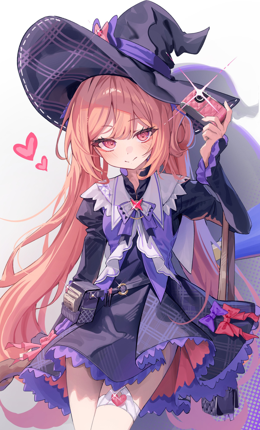 1girl, absurdres, belt_pouch, black_dress, blush, bow, bowtie, brown_hair