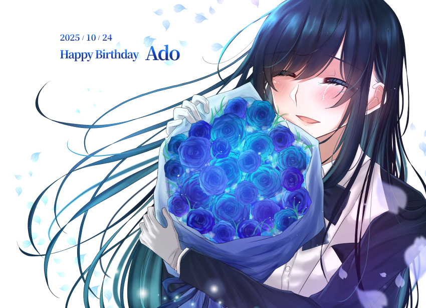 1girl, ado_(utaite), black_hair, blue_flower, blue_hair, blue_rose, blush, bouquet