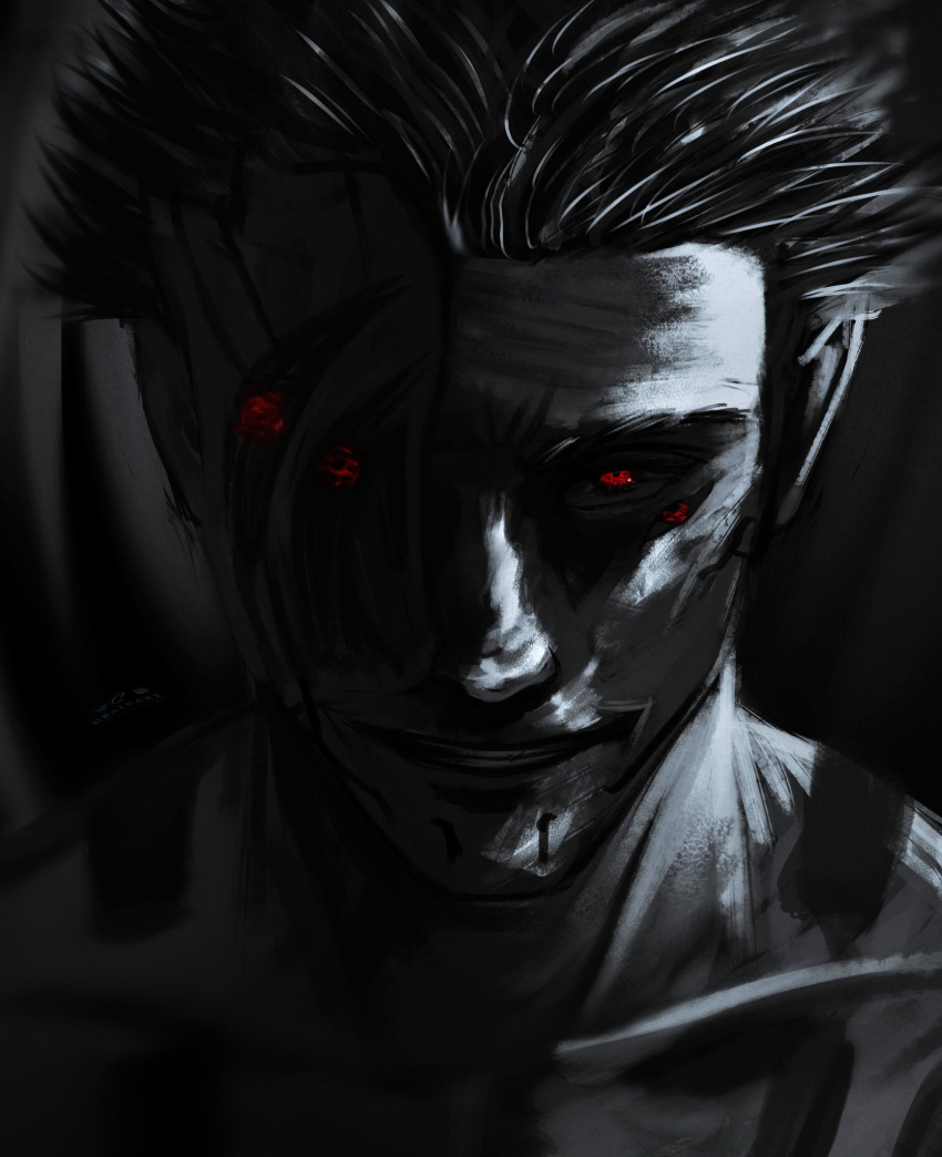 1boy, chest_tattoo, close-up, commentary, crain1art, english_commentary, evil_grin, evil_smile, extra_eyes, facial_tattoo, four_eyes, greyscale, grin, highres, jujutsu_kaisen, monochrome, red_eyes, ryoumen_sukuna_(jujutsu_kaisen), ryoumen_sukuna_(true_form)_(jujutsu_kaisen), short_hair, shoulder_tattoo, smile, solo, spiky_hair, tattoo, teeth, topless_male