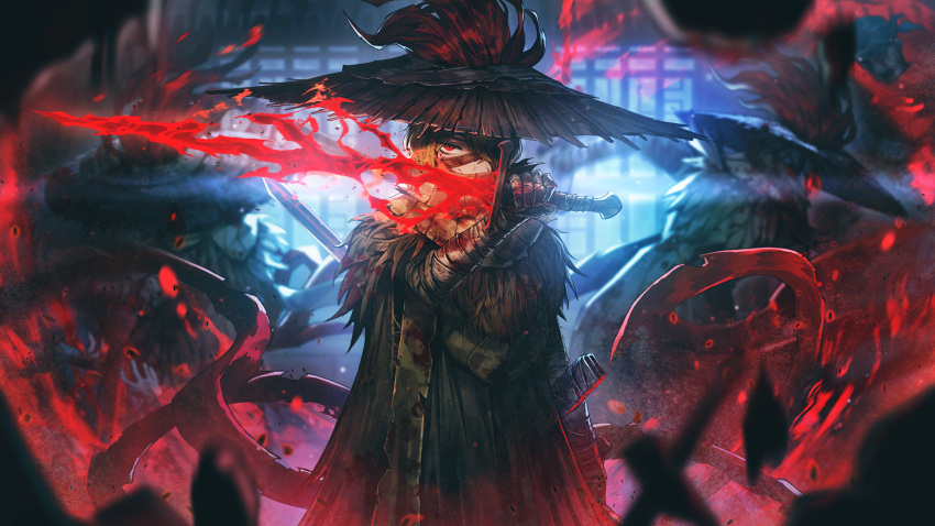 1boy, 2others, blood, blood_on_clothes, blood_on_weapon, brown_robe, dual_wielding, feathered_hat