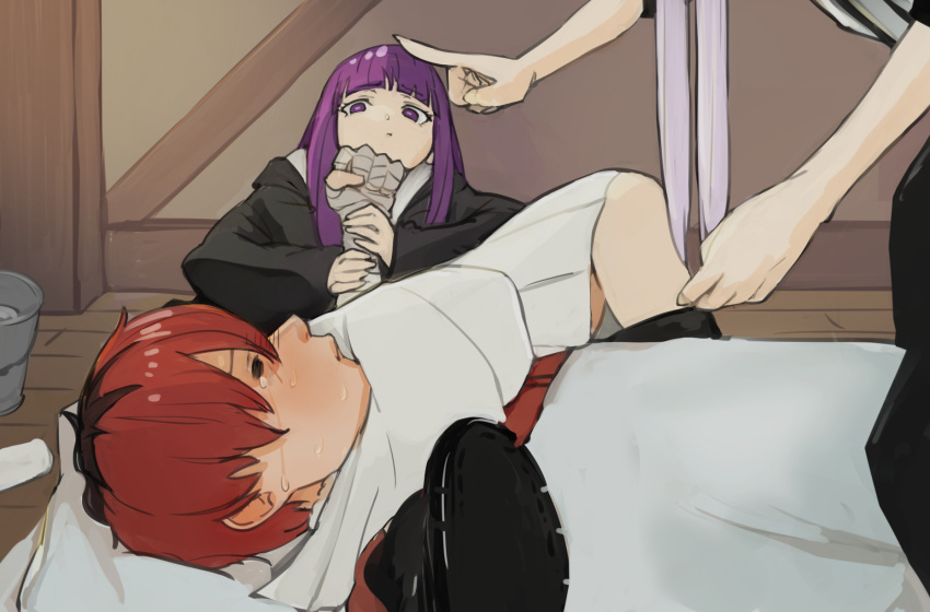 1boy, 2girls, =_=, armbar, black_boots, black_coat, blunt_bangs, blush