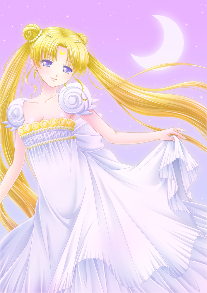 bare_shoulders, bishoujo_senshi_sailor_moon, blonde_hair, blue_eyes, breasts, cleavage, crescent_moon, double_bun, dress, dress_lift, earrings, facial_mark, flower, forehead_mark, hair_flower, hair_ornament, highres, hiyori, jewelry, light_smile, long_hair, moon, princess_serenity, solo, tsukino_usagi, twintails, very_long_hair