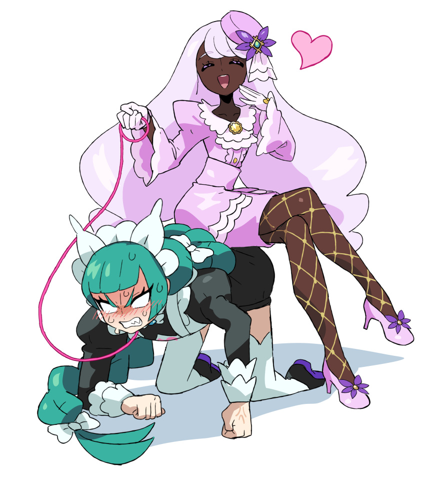2girls, absurdres, apron, braid, braided_ponytail, dark-skinned_female, dark_skin, green_hair, highres, holding, holding_leash, jacinthe_(pokemon), juliet_sleeves, leash, lebanne_(pokemon), long_hair, long_sleeves, low_drills, maid_apron, maid_headdress, multiple_girls, pokemon, pokemon_legends:_z-a, puffy_sleeves, sach56000, single_braid, sitting, sitting_on_person