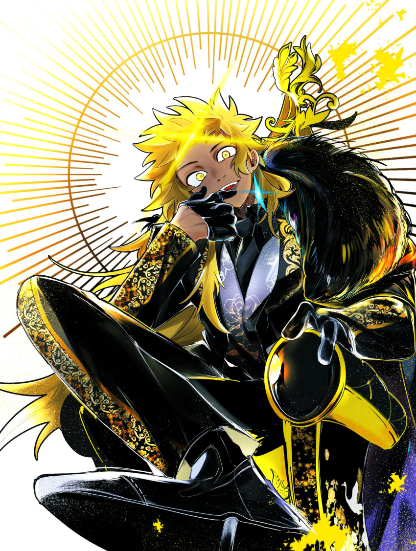 1boy, black_gloves, black_necktie, black_pants, black_shirt, black_suit, blonde_hair, crossed_legs