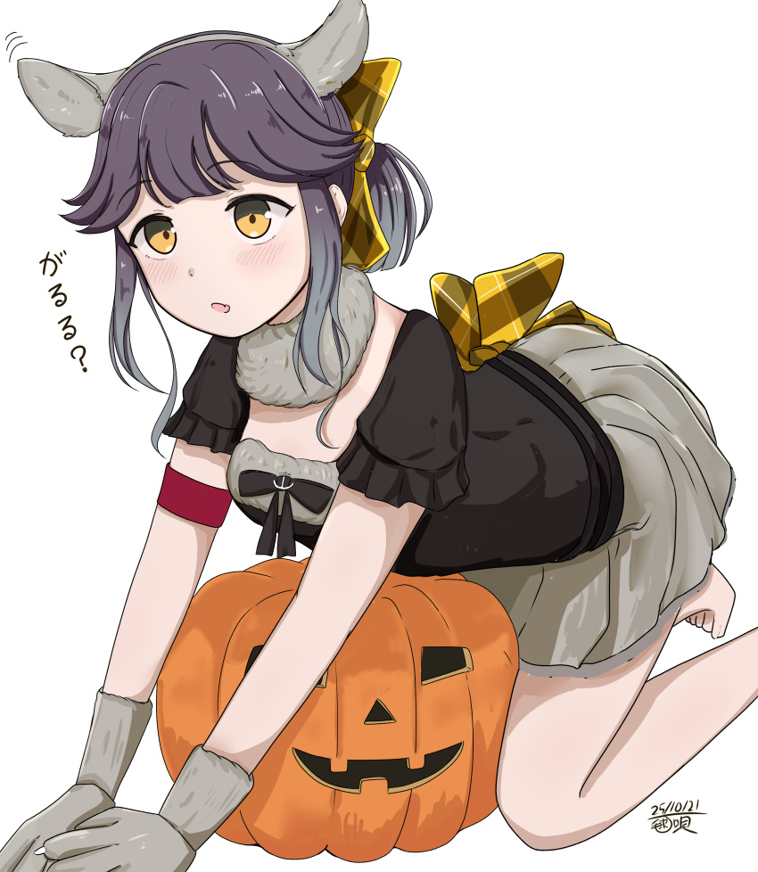 1girl, absurdres, all_fours, animal_ears, barefoot, black_shirt, bow, gloves