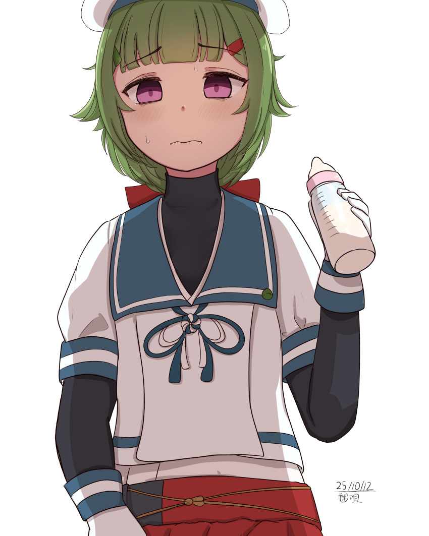 1girl, absurdres, baby_bottle, blue_sailor_collar, blunt_bangs, bottle, gloves, green_hair